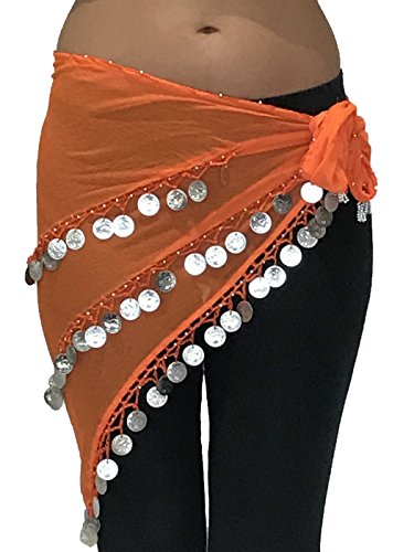 ADULTO TAMAÑO 8-18 HERMOSA Triángulo Jingly Shimmy Belly Dancing Coin Hip Cinturones Bufandas (Plata naranja)