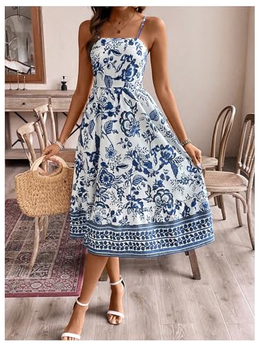 Floerns Women's Boho Floral Spaghetti Strap Dress Shirred Flared A Line Midi Dress4