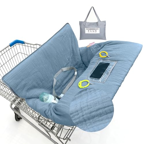 Image of BeBeJoJo Muslin Shopping Cart Cover for Baby Soft & Breathable High Chair Covers for Restaurant Seat Grocery Cart Cover with Storage Pocket Machine Washable for Infant Toddler Boy Girl, Dusty Blue