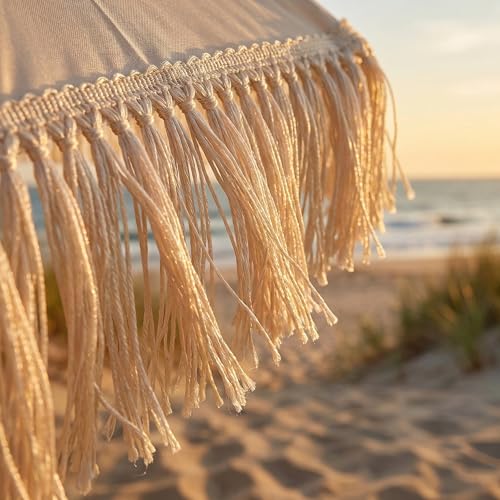 Image of Portable Folding Baby Dining Chair, Outdoor high Chair, Foldable Toddler Feeding seat with Sunshade and seat Belt (Beige Tassel Umbrella)