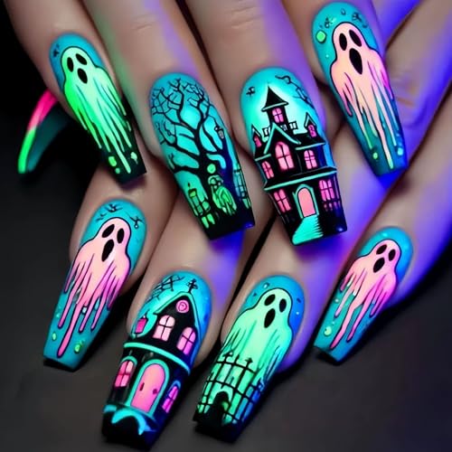 QQPPOLIU 2025 Halloween Press on Nails Long Coffin Fake Nail with Holiday Design for Women 24pcs Pattern 17