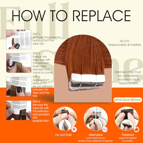 Image of Full Shine Tape Extensions Human Hair Remy Tape in Extensions Color 550 Orange Red Adhesive Seamless Skin Weft Long Extension Add Length 18Inch 50Gram Natural Brazilian for Women 20Pcs