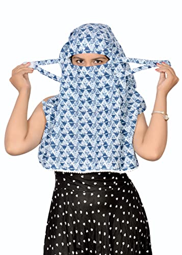 Image of Women Girls Cotton Female Scarf Cum Mask Face Cover Wrap Indigo Multi Purpose Uses Blue Printed