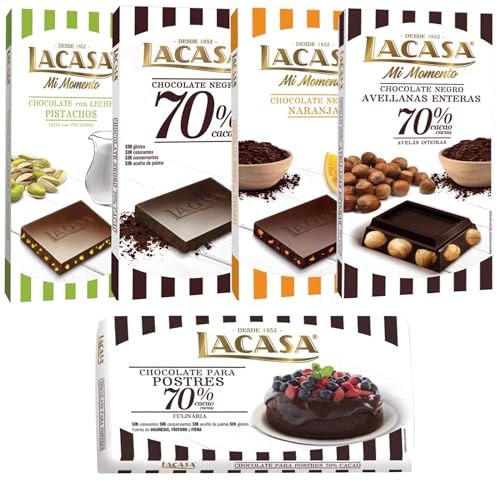 Pack Lacasa 5 deliciosas tabletas de chocolate de distintos sabores y tamaños: naranja,leche pistacho 90g,negro,culinaria200g, avellana 200g