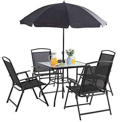 Vongrasig 6 Pieces Folding Patio Dining Set, All Weather Small Metal Outdoor Table And Chair Set, Garden Patio Furniture Set W/Umbrella, Glass Table & 4 Folding Chairs For Lawn, Deck, Backyard, Black #TOP7