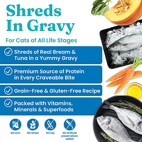 Image of Solid Gold Wet Cat Food Shreds in Gravy - Canned Cat Food Made w /Real Tuna & Sea Bream - Five Oceans Grain Free 16ct /6oz Can