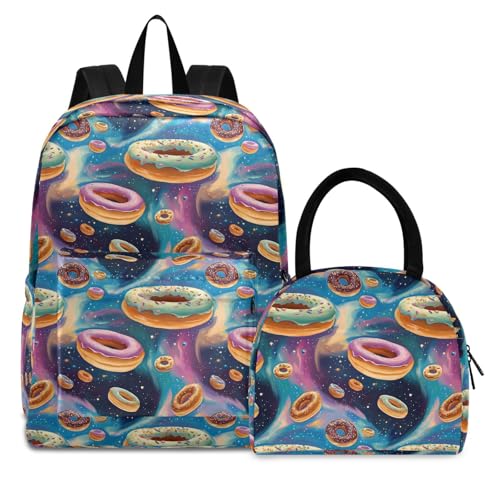 Backpack Lunch Box Set Large Capacity Travel Backpacks and Insulated Lunch Bag for Commute Hiking Picnic Anime Donuts Print
