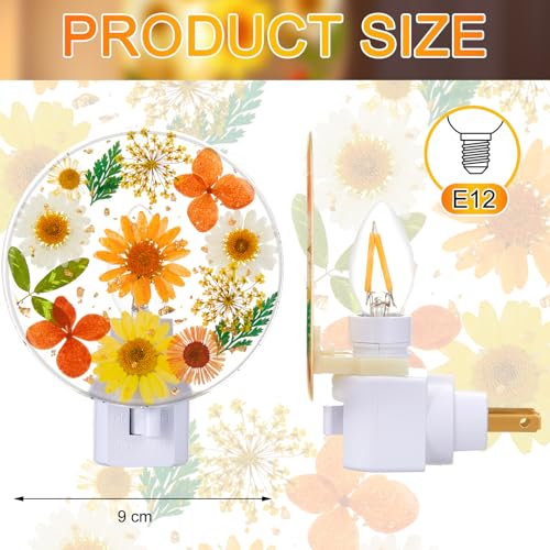 Image of Glooglitter Pressed Flower Night Light Plug in-Handmade Dried Floral Wall Night Light, Soft Glow Decorative Nightlight for Hallway Bedroom Nursery Bathroom, Vintage Botanical(Orange,Flower)