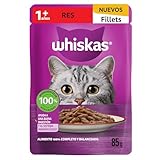 Whiskas - Alimento Húmedo para Gatos, Sabor Res, con Ingredientes Naturales, Vitaminas y Minerales, Paquete de 24 Sobres,...