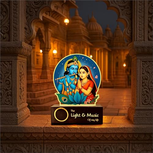 Image of ZOCI VOCI Radha Krishna LED Lamp with Wooden Base - Krishna Night Light for Pooja Room, Radha Krishna Photo Frame Lamp for Home Temple Decor, Bedside Table Lamp (Warm Light + BT Speaker)