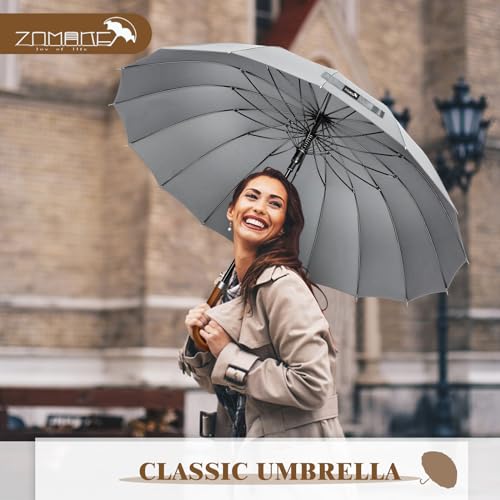 ZOMAKE Umbrella Wooden Handle,Large Umbrella Windproof Strong, Classic Walking Stick Umbrellas for Men Women,16 Ribs (Grey-A) - Image 6