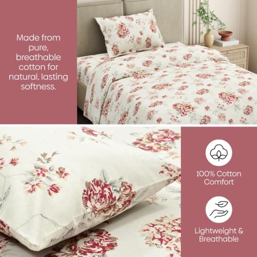 Image of Haus & Kinder Single Bedsheet for Single Bed with Pillow Cover Pure Cotton 186 TC | Soft & Silk Bedsheet for Single Bed |58 x 98 Inches - English Rose Reverie