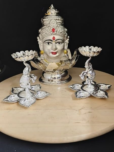 German Silver Lakshmi face/mukut, 2 Elephant Diya, 1 Lotus Stand for Housewarming/Pooja Set/Diwali