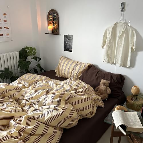 Image of MKXI Full Size Reddish-Brown & Yellow Striped Duvet Cover Set 3 Piece Vintage Aesthetic Bedding, 100% Cotton Duvet Cover with Zipper & Corner Ties, Minimalist Design for Teens, Dorms & Modern Bedrooms
