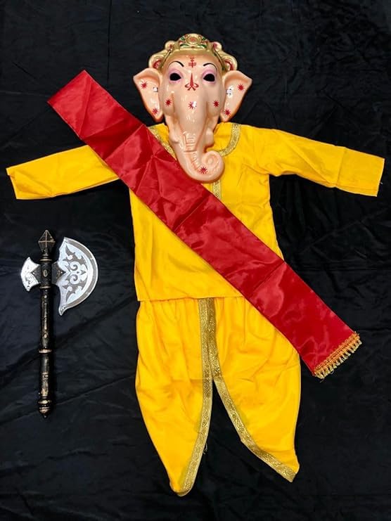 KKALAKRITI Kids Costume | Ganesh ji Vinayak Fancy Dress Costume With Plastic Mask with Ganesha Pharsa | Ganesh Chaturthi Fancy Dress Costume Accessories for Kids Festival (7-8 Yr) (B0D56TN2K8) Amazon Price History, Amazon Price Tracker