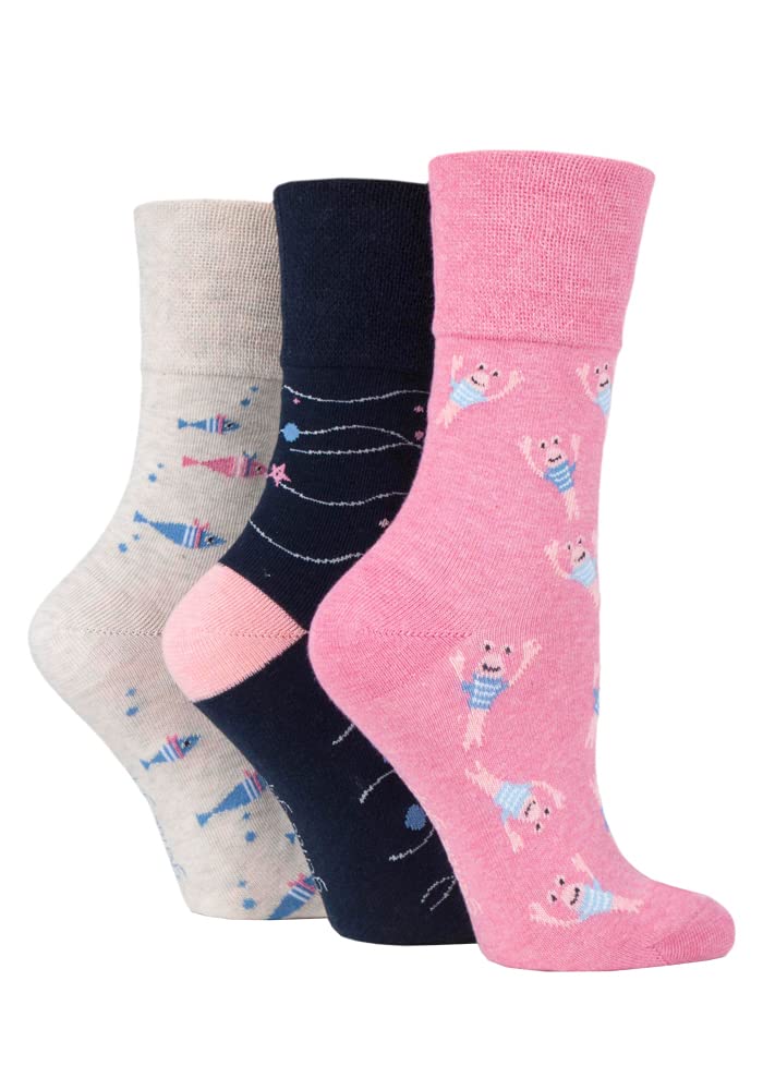 SockShop Gentle Grip Ladies Fun Feet Non-Binding Honeycomb Gentle Top Novelty Patterned Socks in a Multipack of 3 Assorted Colours Size 4-8 Seabed 4-8