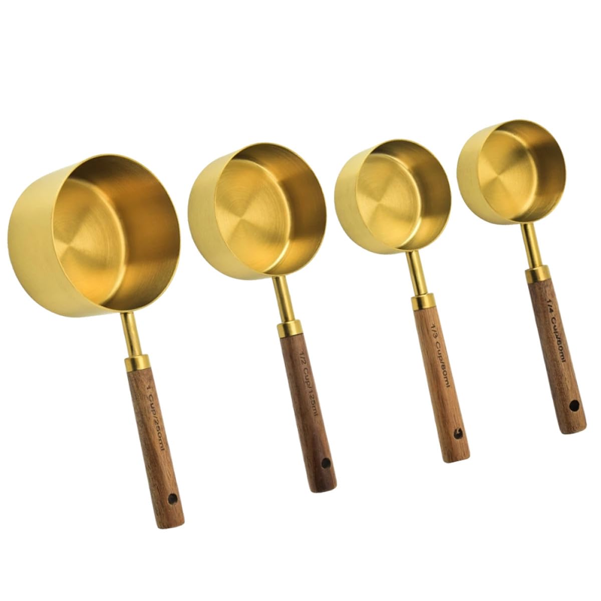 Juego de 4 Cucharas Medidoras Metálicas Mango de Madera para Medir Ingredientes Secos y Líquidos en Cocina