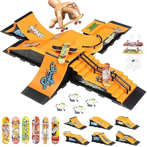 RNGODO Finger Skateboard Ramps Set, 6-in-1 Bigger Fingerboard Skatepark Skate Park Kit Training Props with 6 Finger Skateboard 6 Finger Deck & Display Holder Finger Skate Toys for Kids & Adults Gifts Cover