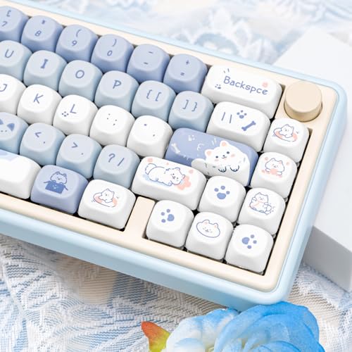 Image of Blue White Keycaps MOA Profile Keycaps Cute Puppy Custom Keycaps for Mechanical Keyboard, 132 Keys Set PBT Keycaps Dye Sublimation Keycaps