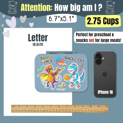 Image of BEARFOOT Kids Lunch Box with Compartments - Compact & Lightweight | Leak-Proof, BPA-Free, Dishwasher Safe | Hand-Drawn Design for Preschool, School, Travel (Dinos Blue, 2.75 Cups)