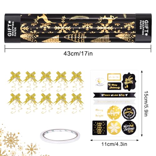Toptime Christmas Wrapping Paper Roll, 3 Black Gold Wrapping Paper 43cmx3m with Gift Ribbon Stickers - Image 2