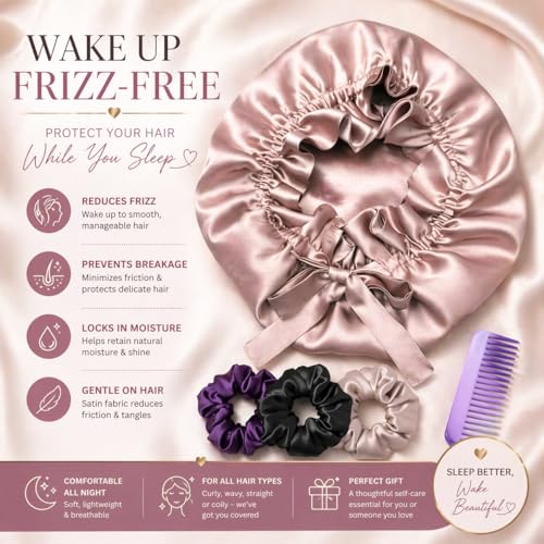 Image of Atrube Silk Satin Hair Bonnet Reversible Reusable Showercap satin bonnet Adjustable Tie Band Women, Scrunchies Comb Satin Wrap,Standard, Multicolor,Free Size