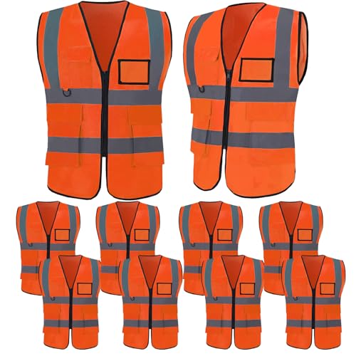 Image of 10 Pack Reflective Safety Vests with Pockets & Zipper, High Visibility Orange Construction Vest for Men Women, Durable ANSI Class 2 Work Vest Strips Vests for Outdoor Work