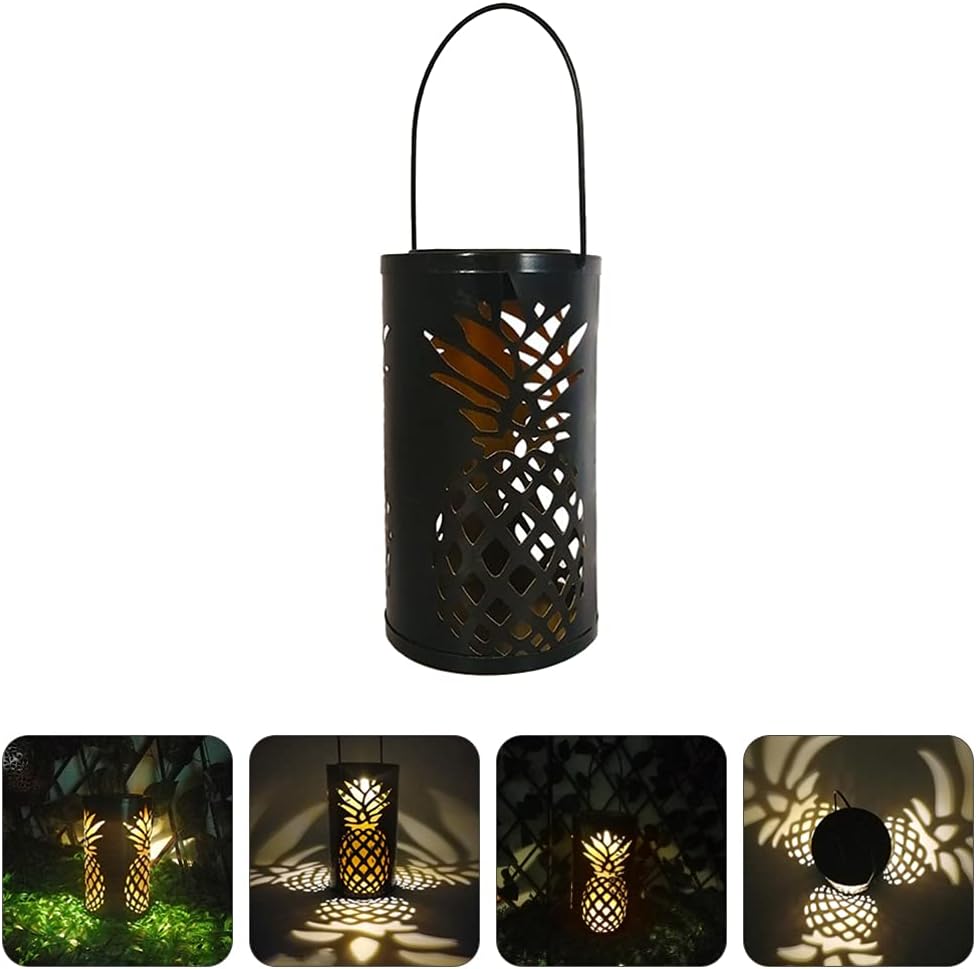 Uonlytech Solar Lantern Lights Outdoor Metal LED Hanging Solar Lights Retro Pineapple Pattern Projection Lamp for Porch Garden Outdoor Decor