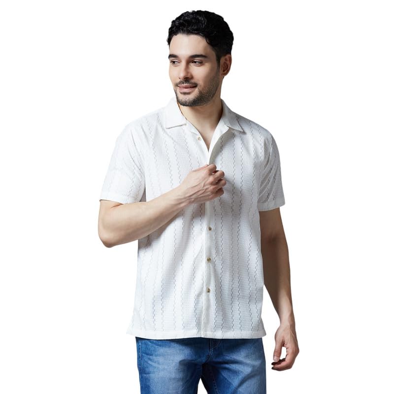 KOMPANIONMen's Soft Net Shirt | Smart Fit Self Design Shirt | Half Sleeves | Cuban Collar