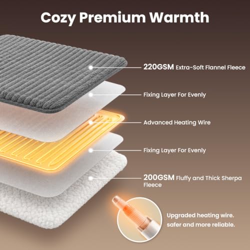 Image of Homemate Heated Blanket Electric Throw - 50 inchx60 inch Heating Blanket Throw 1 /2 /4 /6 /8 Hours Auto-Off 10 Heat Levels Over-Heat Protection Soft Flannel Sherpa Heater ETL Certification