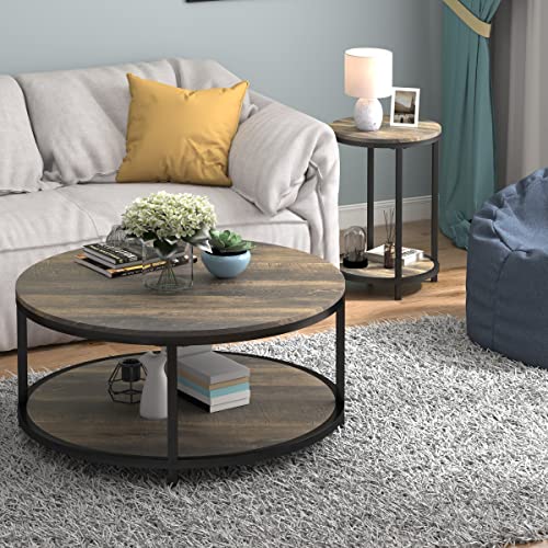 Image of NSdirect Round Side Table Set of 2,16in Rustic Wooden End Table Surface Top & Sturdy Metal Legs Nightstand for Living Room Bedroom Farmhouse Sofa Table with Storage Open Shelf,Rustic Brown