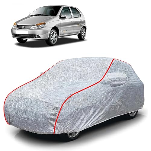 Image of Sulfar 100% Waterproof Car Body Cover Compatible with Mirror for Tata Indica V2 (Triple Stitched, Full Bottom Elastic, Magic Silver with Red Piping)