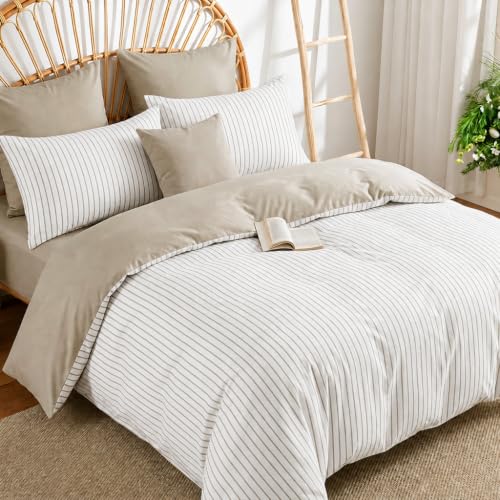 Image of Nayoroom White Striped Duvet Cover Queen Reversible Taupe Bedding Set