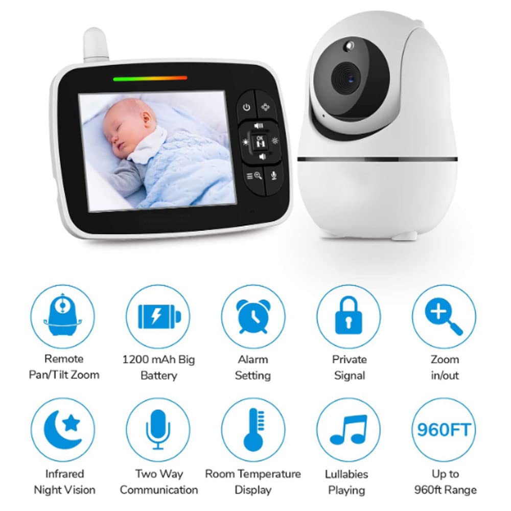 Video Baby Monitor con fotocamera e audio, visione notturna automatica schermo da 3,5 pollici, conversazione audio a 2 vie, musica Lullabye, monitor della temperatura, promemoria alimentazione