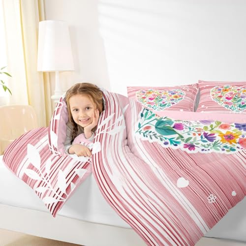 Image of Erosebridal Pink Valentine Full Bedding Set Love Heart Flowers Comforter Set for Kids Girls Romantic Floral Heart Shaped Comforter Geometric Stripes Cottagecore Duvet Insert