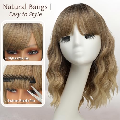Image of Nnzes Short Wavy Bob Wig with Bangs for Women Shoulder Length Curly Soft Dark Root Beige Blonde Ombre Synthetic Heat-Resistant Fiber Hair for Daily & Party Use