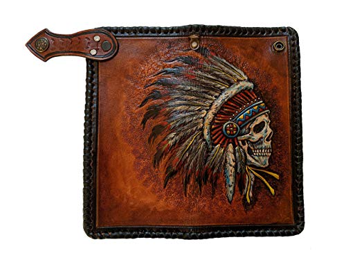 Indian Chief Skull, Native American Patriotic Card Holder, Apache, Headdress, Red Man, Men's 3D Genuine Leather Long Wallet, Carved wallet, Tooled wallet, Handmade Custom wallet, Personalized wallet2