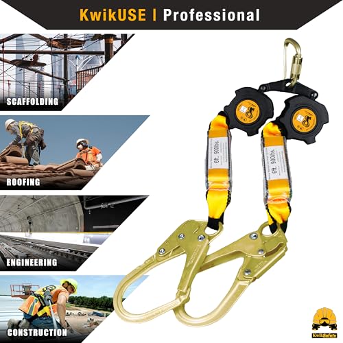 Image of KwikSafety - 6' COBRA Web Twin-Leg Self Retracting Lifeline [NO Tangle Web] Class 1 Retractable SRL Lanyard ANSI OSHA