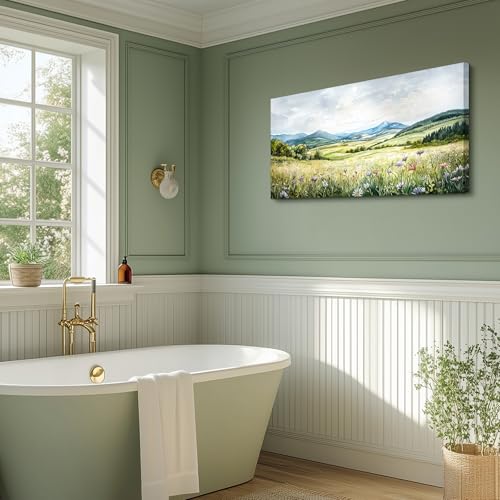 crmotu Landscape Wall Art, Nature Wall Art, Large Wall Decor, Wilderness Green Scenic Art Prints, Hillside Meadow Canvas Paintings for Living Room Bedroom Hallway Home Decorations 24x48inch