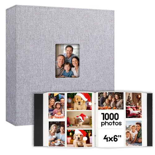Photo Album 4x6 1000 Pockets, Extra Large Capacity Linen Cover with Front Window 4 x 6 Picture Album Holds 1000 Horizontal and Vertical Photos, Acid-free Pages 4x6 Wedding Family Photo Album (Gray)