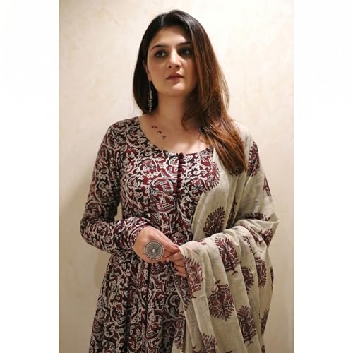Image of Nermosa Women Printed Anarkali Kurta and Pant Set with Dupatta | Printed Kurta Set | Cotton Suit | Women Kurta Sets |