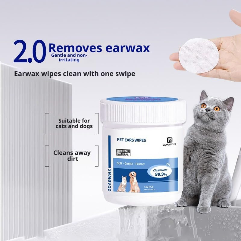 130 PCs Cat Ear Wipes that Gently Clean & Soothe Sensitive Cat Ears; Soft Ear Cleaner for Removing Wax, Dirt & Odor; Unscented Grooming Care