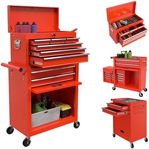 8-Drawers Rolling Tool Chest Tool Box with Wheels, 2-in-1 Detachable Tool Storage with Large Cabinet and Sliding Drawers, Removable Tool Box Organizer with Lockable for Garage, Workstation