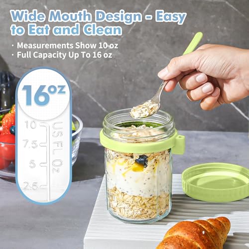 Image of 16 Oz Glass Overnight Oats Containers with Lids and Spoon Chia Pudding Jars