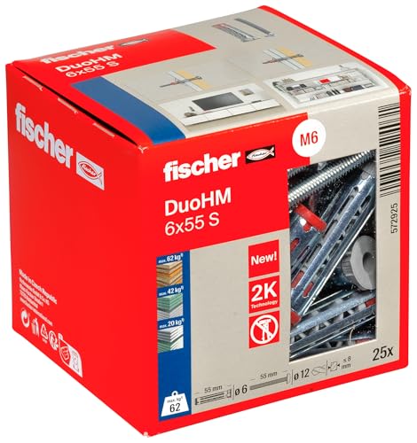 fischer Hohlraumdübel DuoHM 6 x 55 S TX, Plattendübel mit metrischer Panheadschraube und TX-Antrieb zum Befestigen von TV-Halterungen… – Ansicht 1