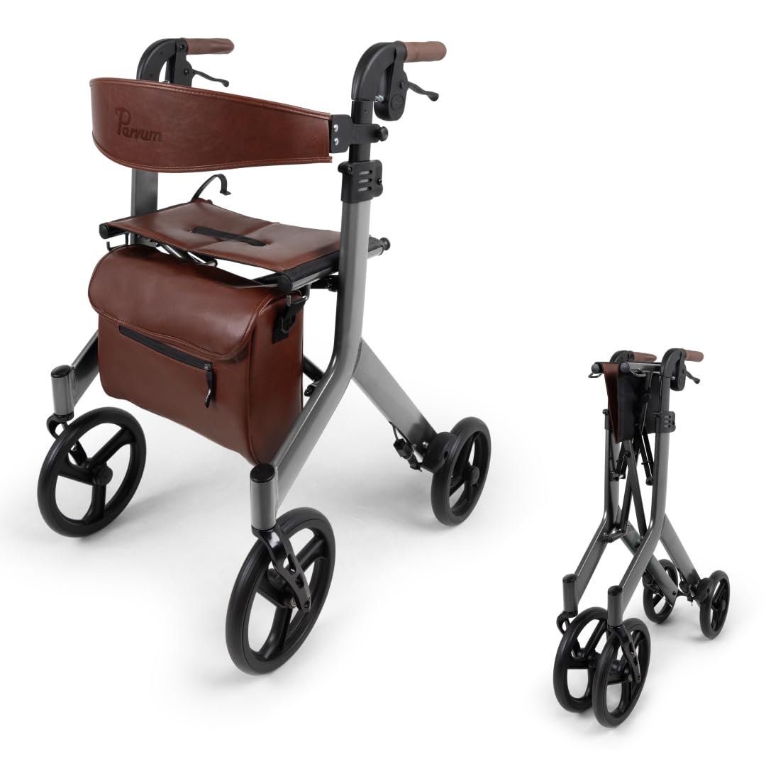 Vesta Rollator - Leicht (6,3kg), faltbar - Mit integriertem Bremssystem, gepolsterter Sitz- und Rückenlehne, Tasche, Stockhalter - Ideal für Alltag - Gehhilfe für Senioren - Silber