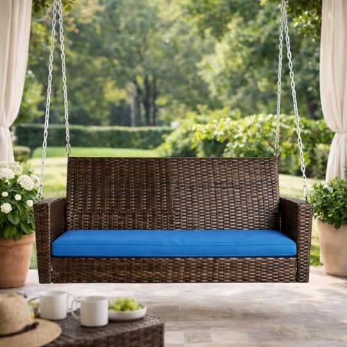 Image of Carry Bird Rattan Wicker Two Seater Swings with Cushion, Brown, 120x60x60 cm, Garden Porch Hammock for Adults (Blue Cushion, 2 Seater Prouch Swing, Leather Brown Prouch Swing)