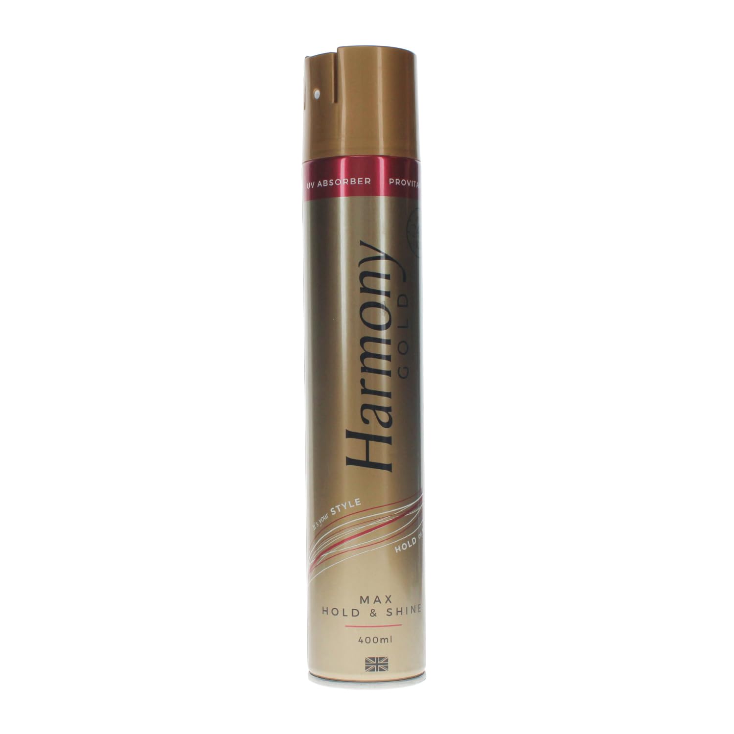 HARMONY GOLD HAIRSPRAY - MAXIMUM HOLD & SHINE - WITH UV FILTERS - ARGON OIL - VITAMIN PRO B5 400ml