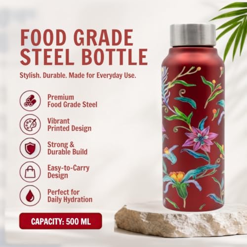 Image of VOIK Printed Stainless Steel Water Bottles for Kids, Office, Sports & Travel (750 ML) (Floral-Screw)