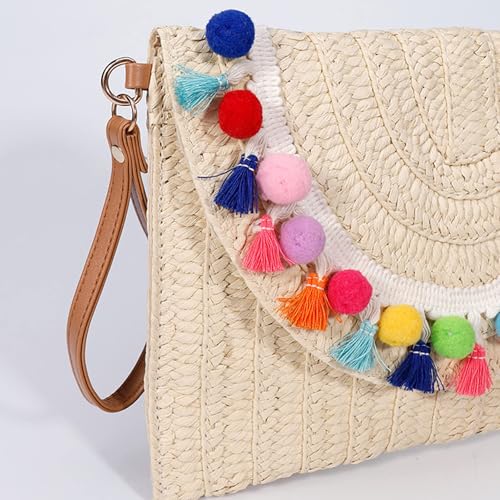 Image of Clutch Purses for Women, Straw Beach Bag, Colorful fur balls and tassels Envelope Package, Bohemian Summer Handbags for Vacation, Travel